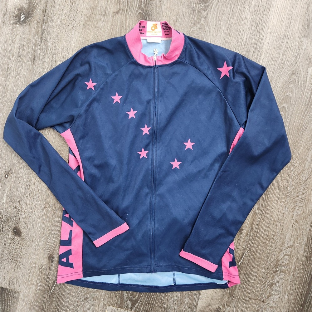 Champion System Alaska Cycling Jersey Womens XL Navy Pink Star Long Sleeve Zip
